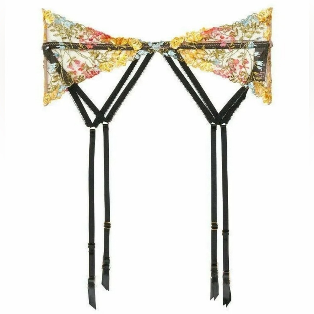 VICTORIA SECRET MULTI EMBROIDERY GARTER Floral Pink Yellow Black M/L new